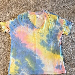 Pastel Tie-Dye V-Neck Short Sleeve Tee - Yellow, Blue & Pink